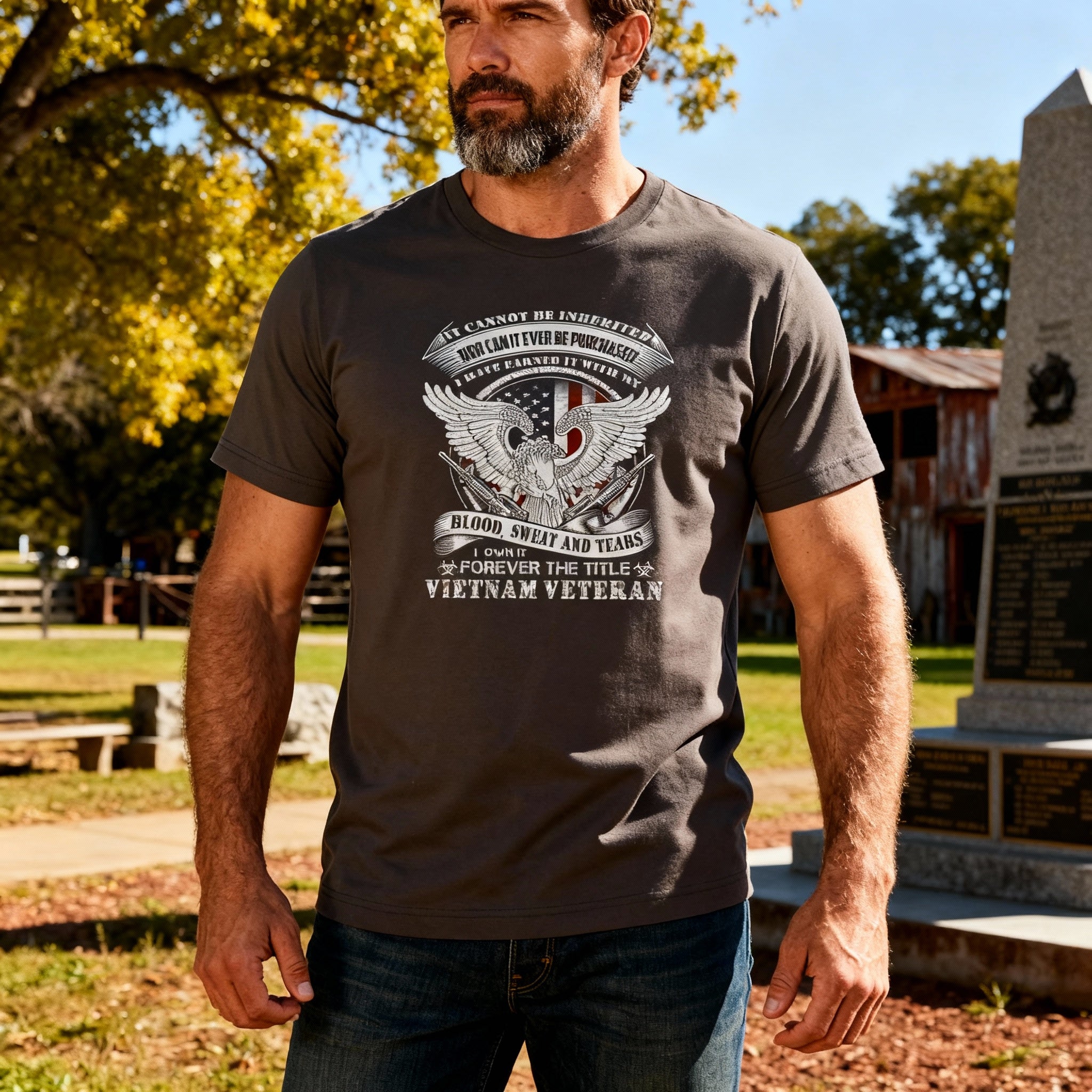 Vietnam Veteran Eagle Graphic Tee With United States Flag And Banner Text Blood Sweat Tears