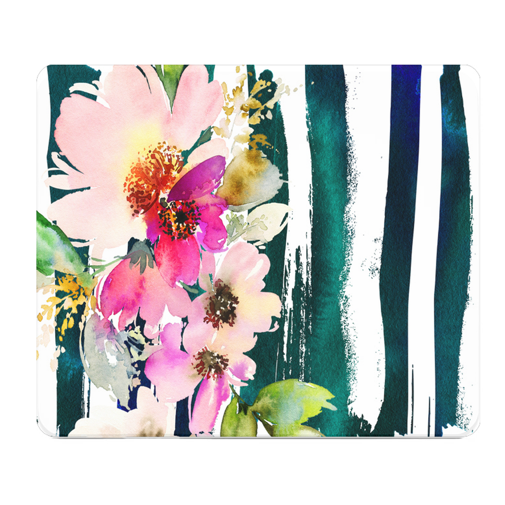 Watercolor Flower With Strips Thick Mouse Pad Desk Mat