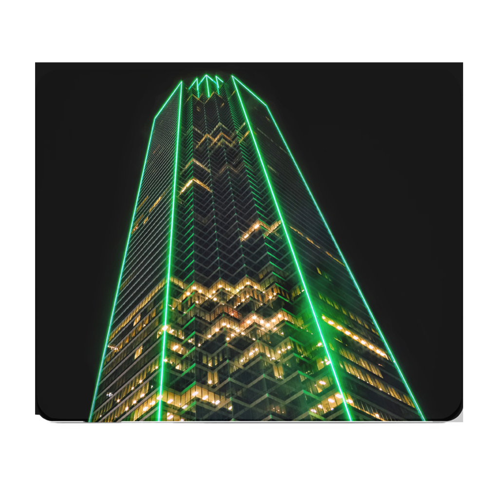 Neon Green Downtown Dallas Glowing Building Thick Mouse Pad
