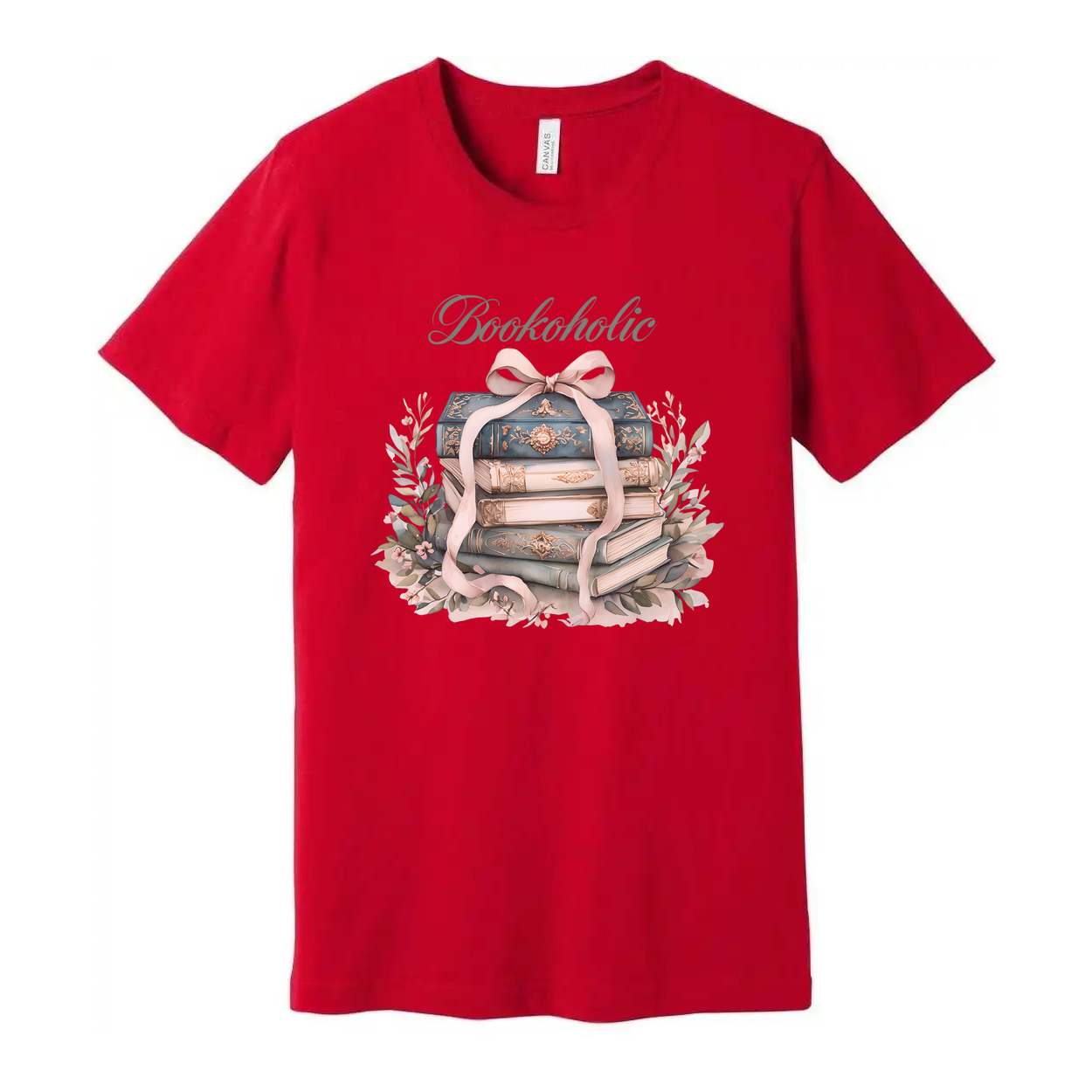 Bookoholic Stack of Books With Ribbon Flowers Unisex Tee