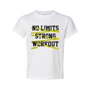 No Limits Strong Workout Unisex T Shirt With Yellow Caution Tape Graphic For Training