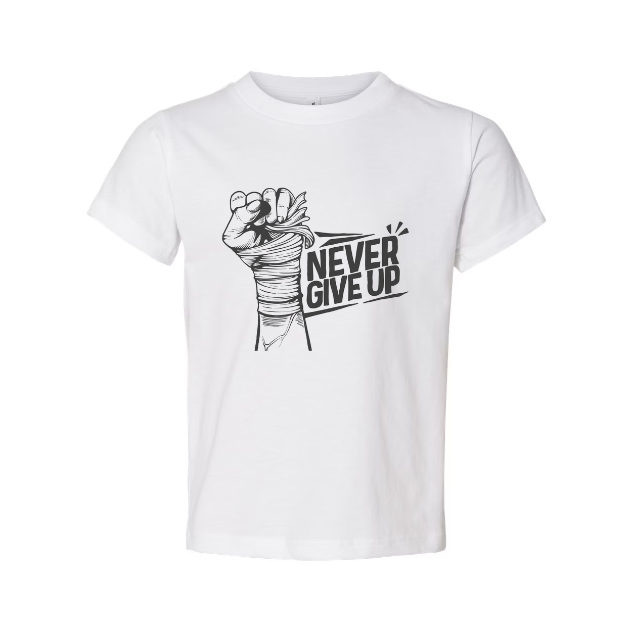 Never Give Up Fist Graphic Unisex T Shirt On White Cotton Short Sleeve Tee For Everyday Wear