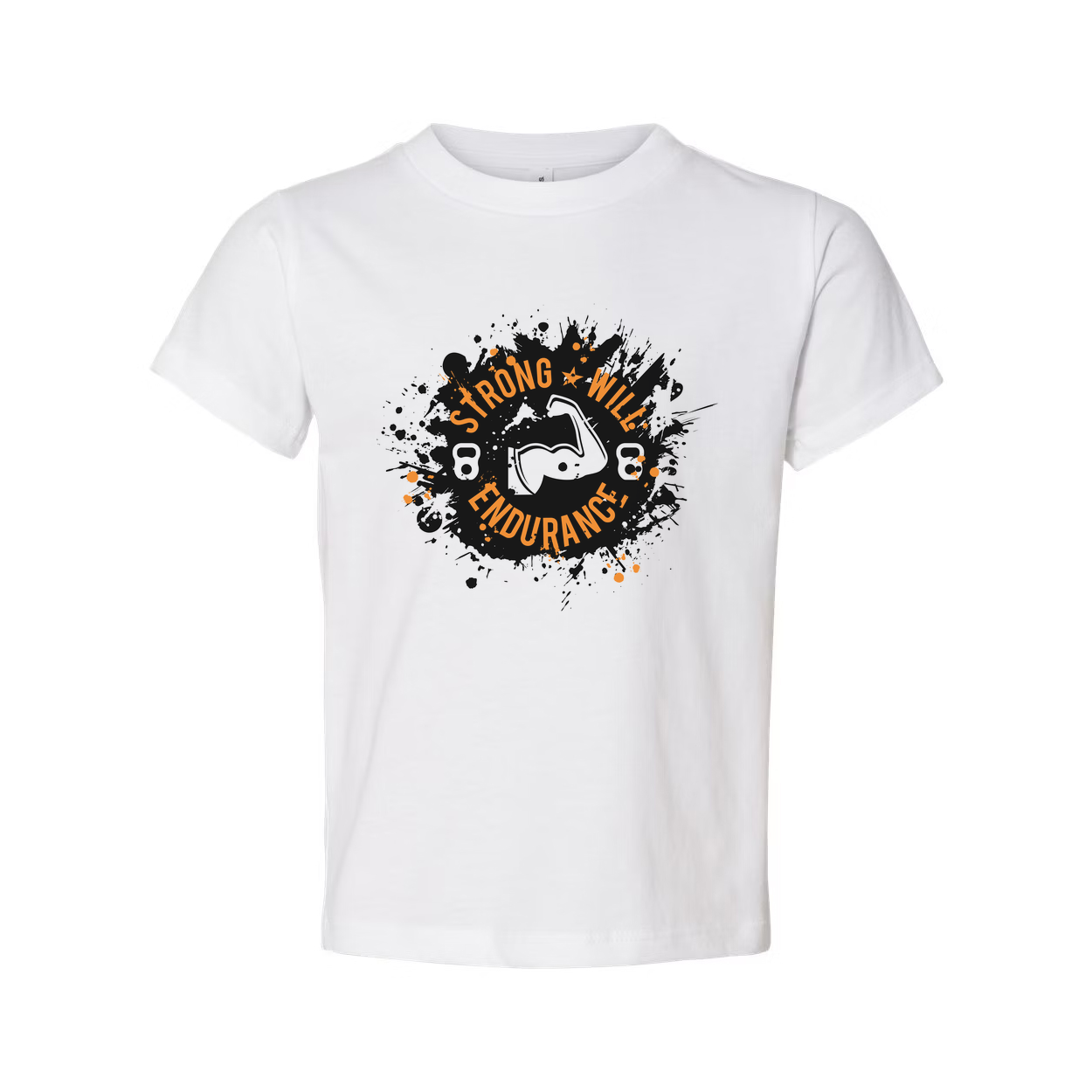 Unisex Short Sleeve T Shirt With Strong Will Endurance Graphic Logo In Black And Orange On White