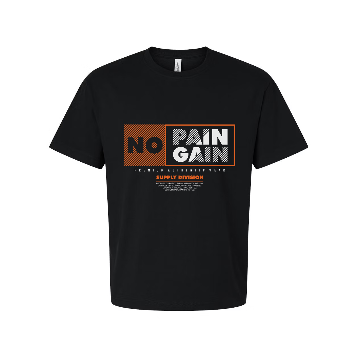 No Pain No Gain Graphic Tee Unisex Short Sleeve Shirt With Orange Accented Panel