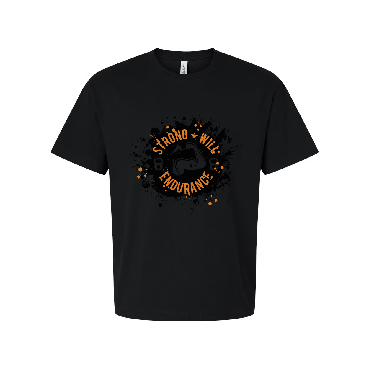 Unisex Short Sleeve T Shirt With Strong Will Endurance Graphic Logo In Black And Orange On White
