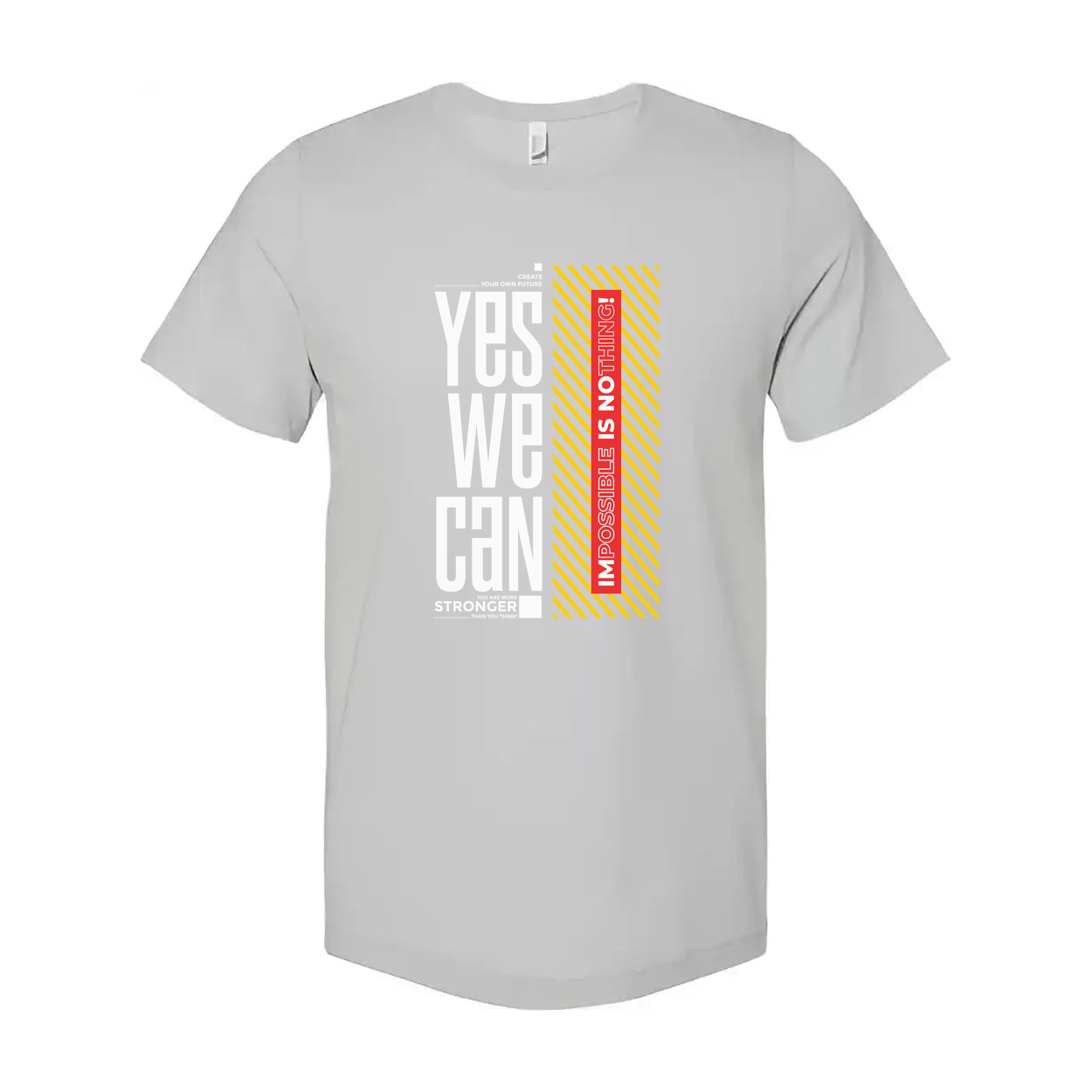 Unisex White T Shirt With Impossible Is Nothing Graphic And Yellow Striped Accent Design