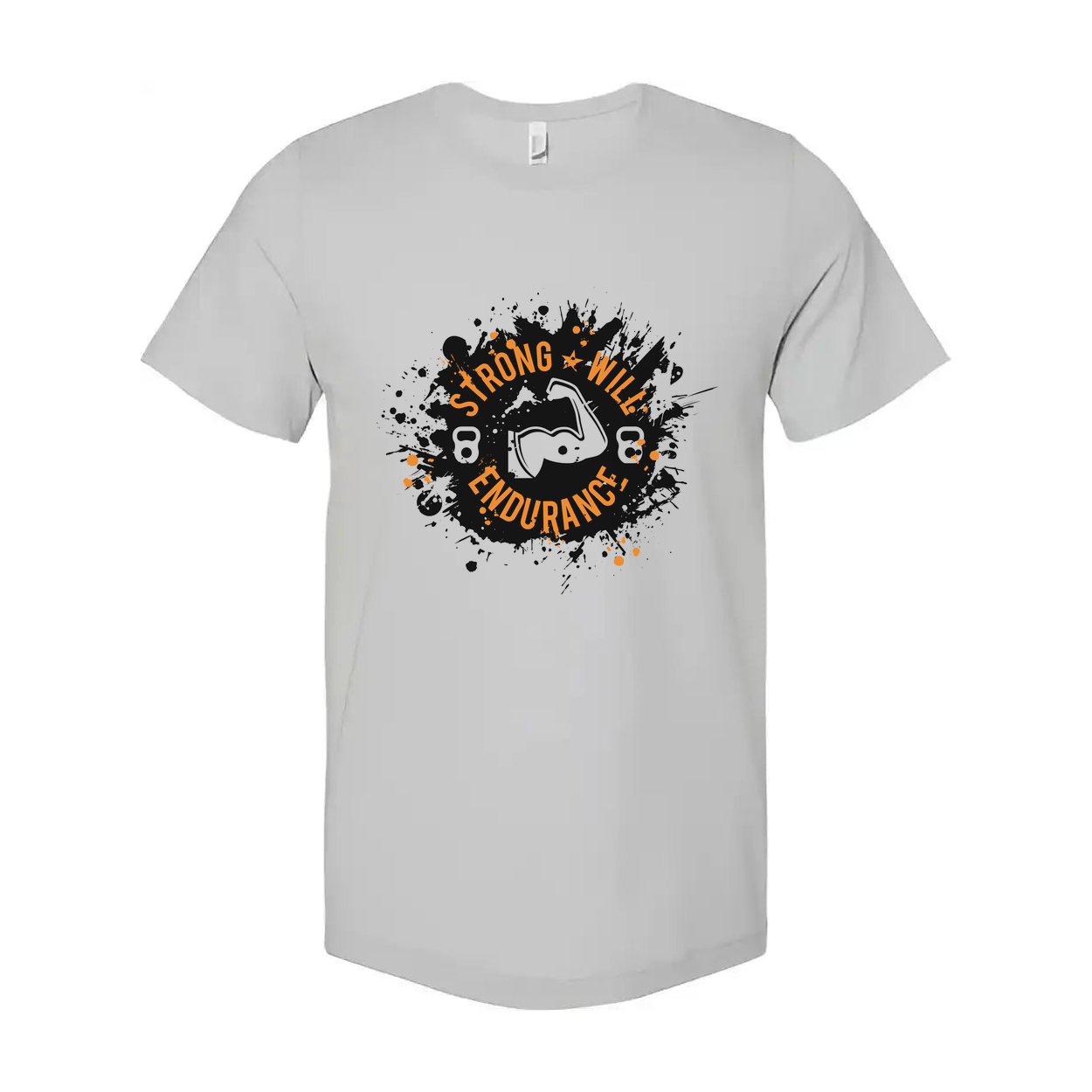 Unisex Short Sleeve T Shirt With Strong Will Endurance Graphic Logo In Black And Orange On White