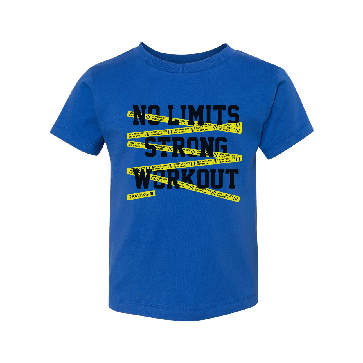 No Limits Strong Workout Unisex T Shirt With Yellow Caution Tape Graphic For Training
