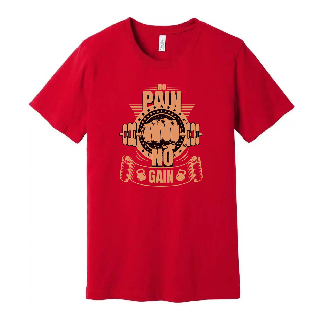 No Pain No Gain Unisex Graphic T Shirt With Fist Lifting Barbell Design In Orange Color