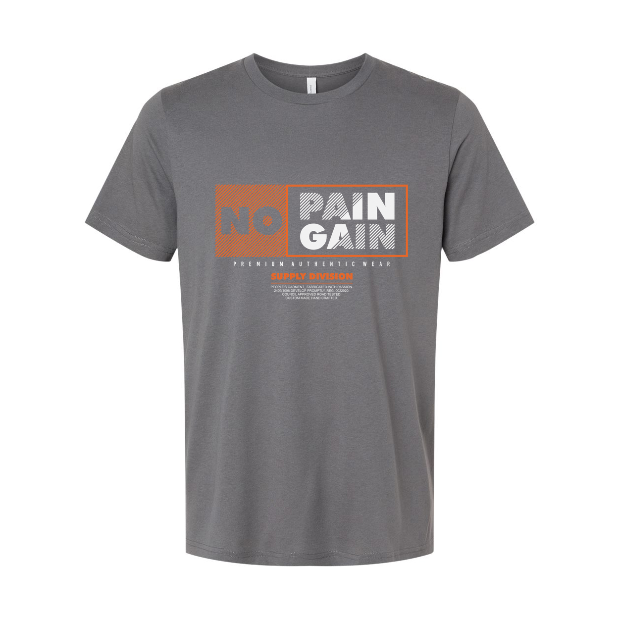 No Pain No Gain Graphic Tee Unisex Short Sleeve Shirt With Orange Accented Panel