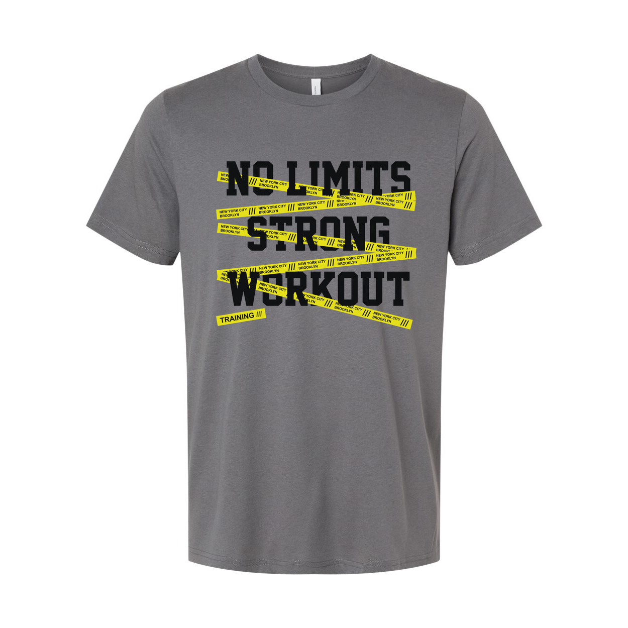 No Limits Strong Workout Unisex T Shirt With Yellow Caution Tape Graphic For Training