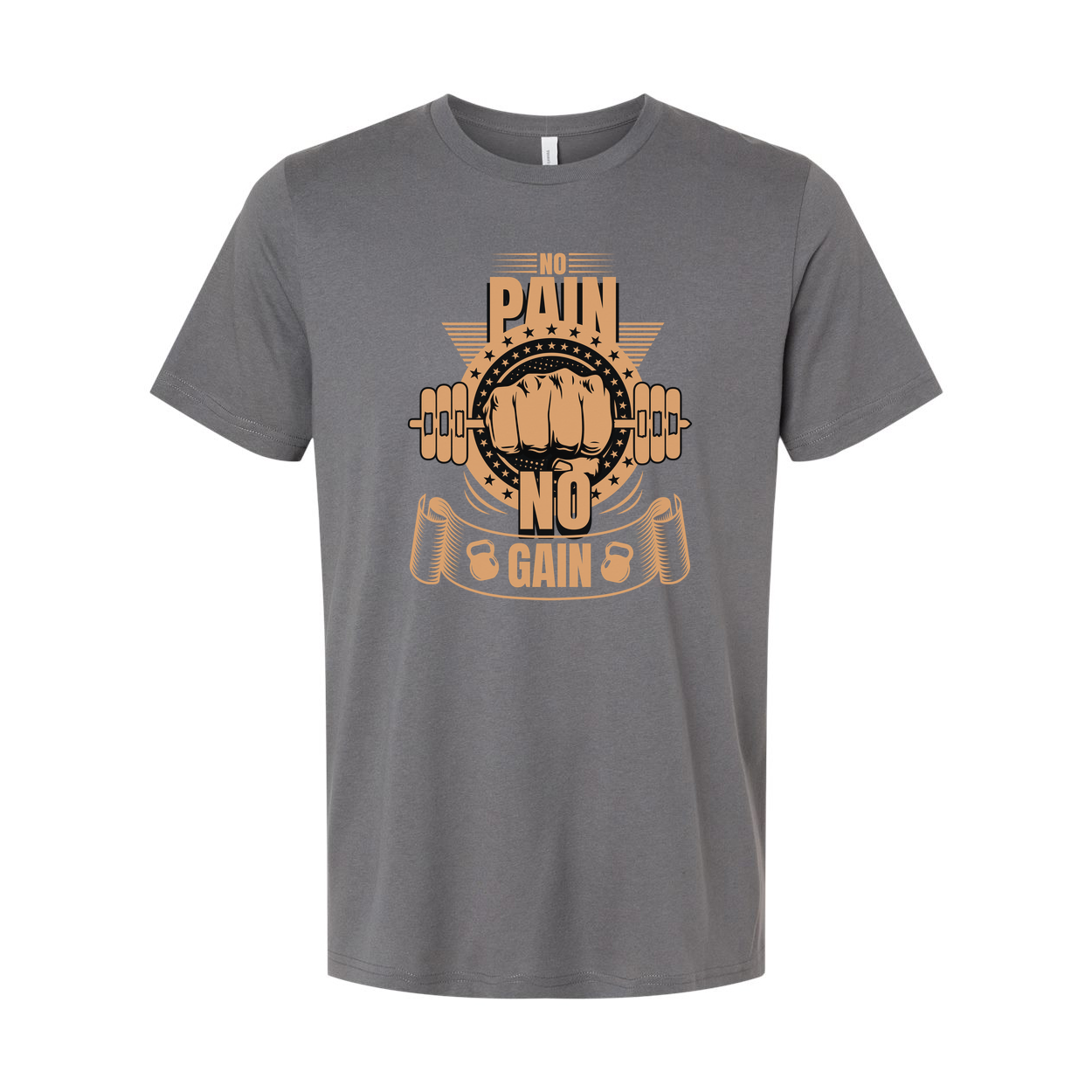No Pain No Gain Unisex Graphic T Shirt With Fist Lifting Barbell Design In Orange Color