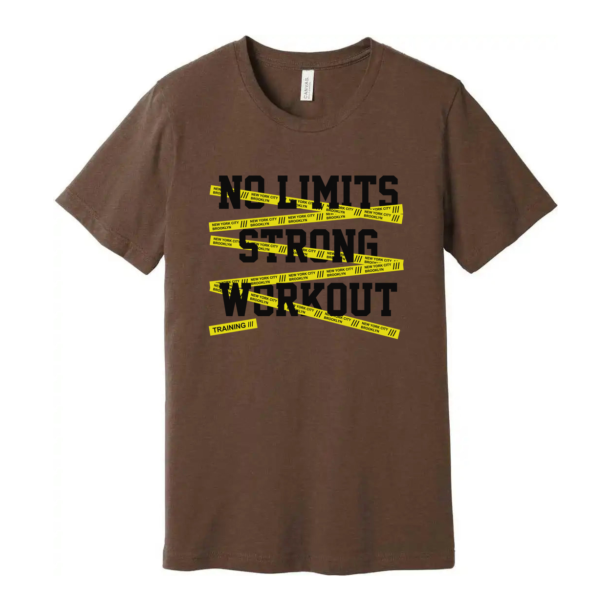 No Limits Strong Workout Unisex T Shirt With Yellow Caution Tape Graphic For Training