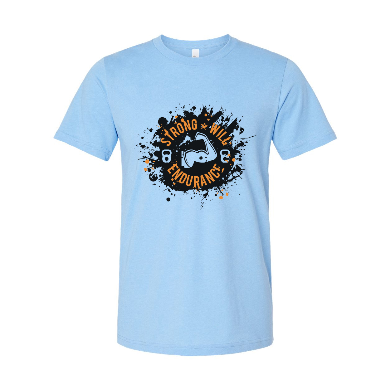 Unisex Short Sleeve T Shirt With Strong Will Endurance Graphic Logo In Black And Orange On White