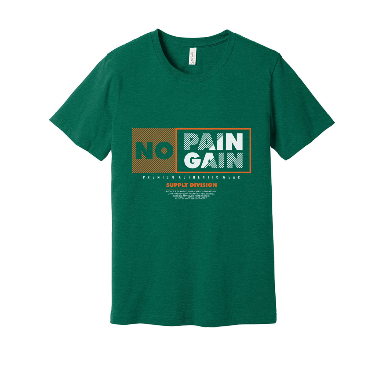 No Pain No Gain Graphic Tee Unisex Short Sleeve Shirt With Orange Accented Panel