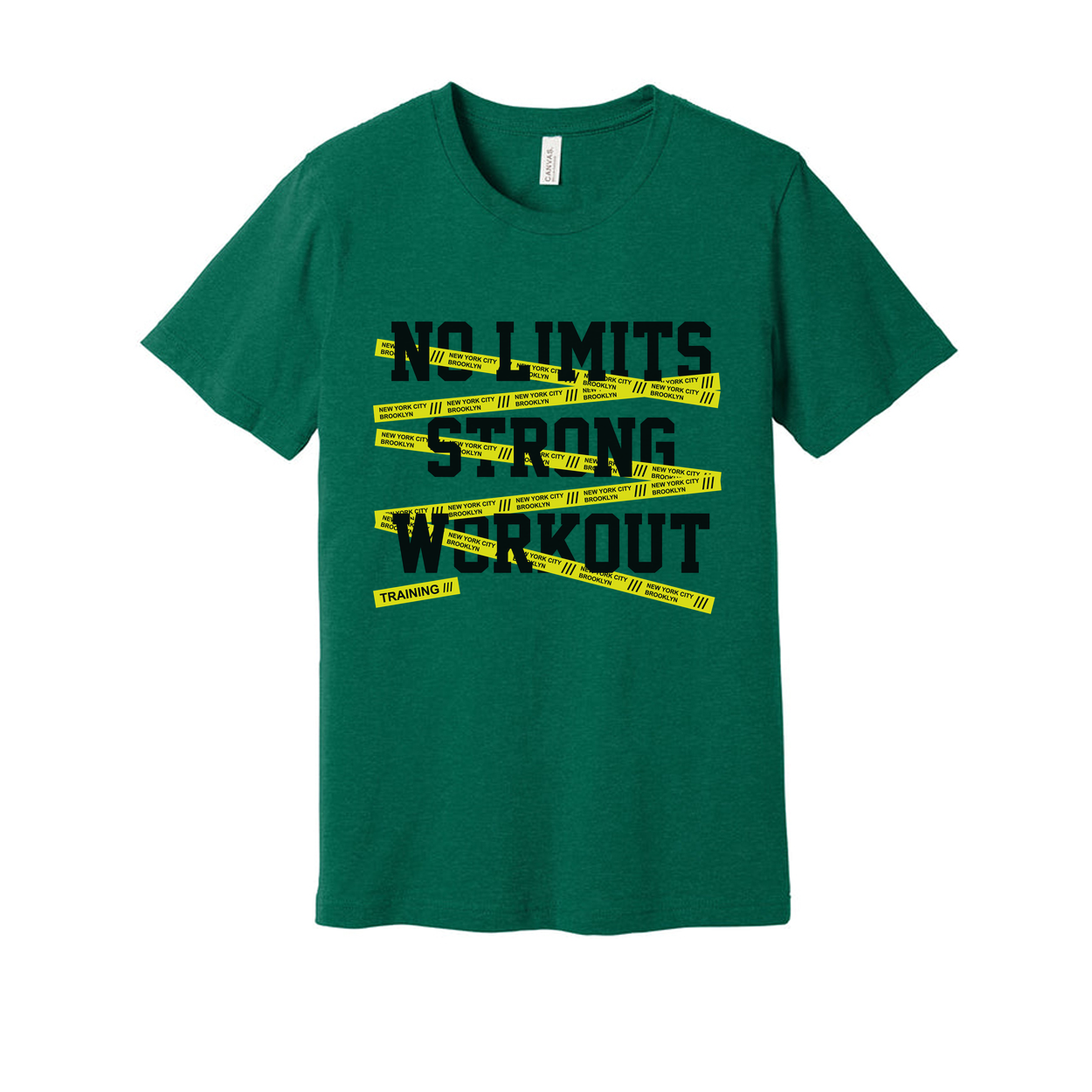 No Limits Strong Workout Unisex T Shirt With Yellow Caution Tape Graphic For Training