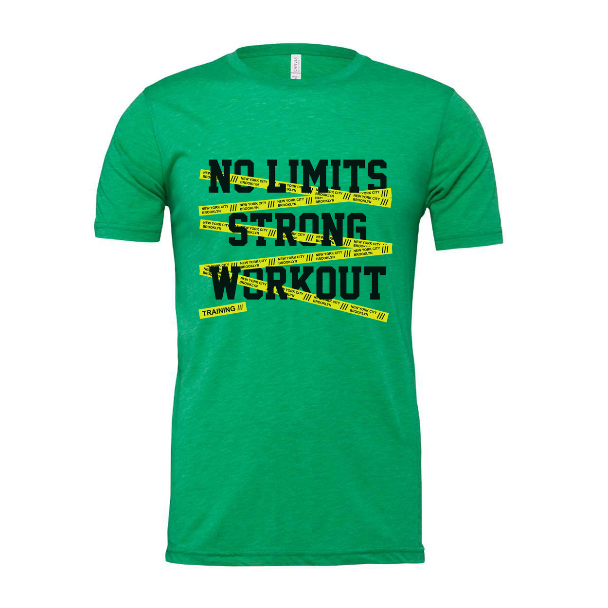 No Limits Strong Workout Unisex T Shirt With Yellow Caution Tape Graphic For Training