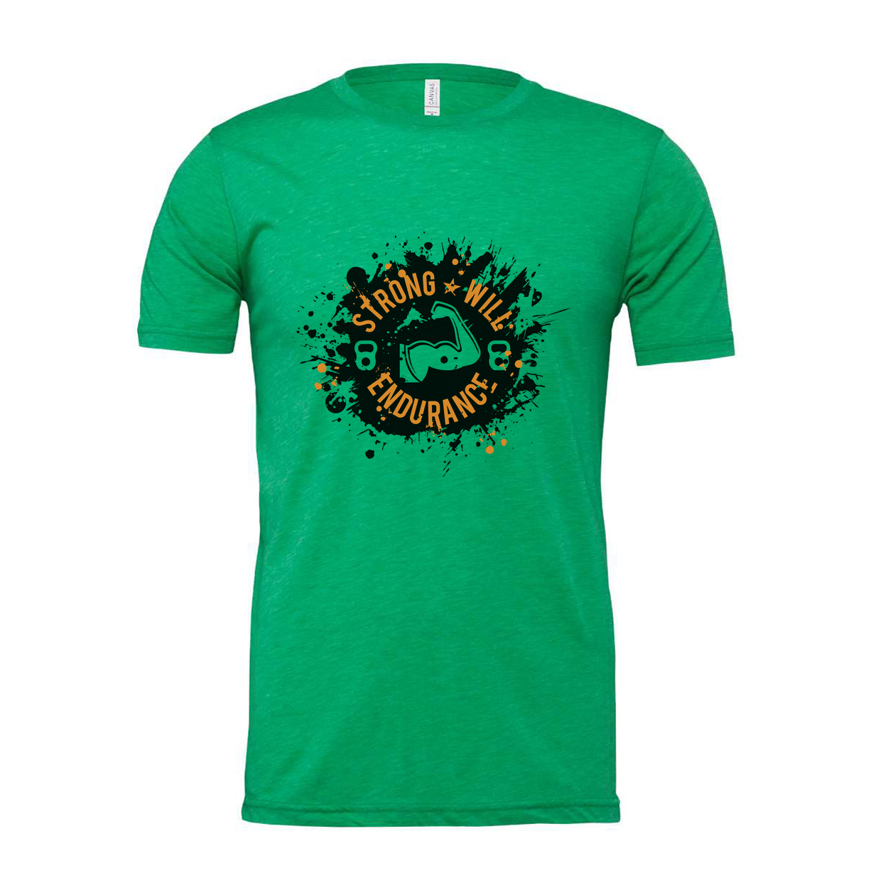 Unisex Short Sleeve T Shirt With Strong Will Endurance Graphic Logo In Black And Orange On White