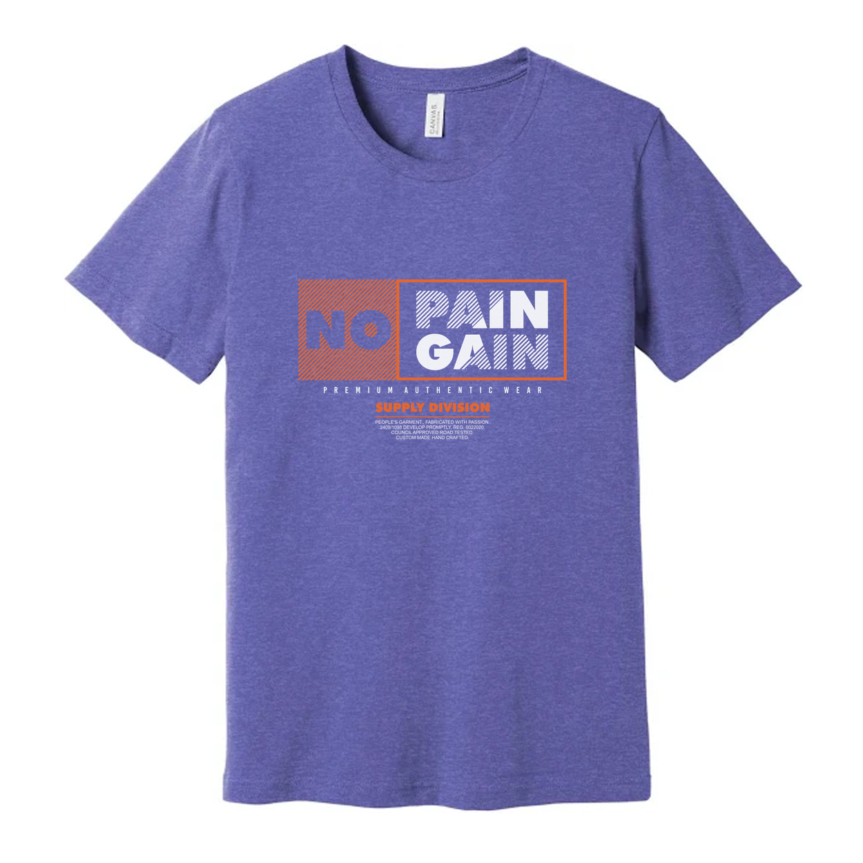 No Pain No Gain Graphic Tee Unisex Short Sleeve Shirt With Orange Accented Panel