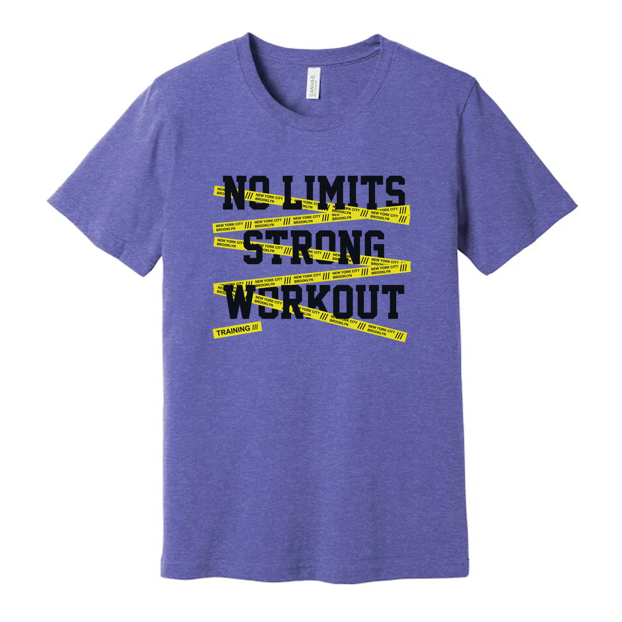 No Limits Strong Workout Unisex T Shirt With Yellow Caution Tape Graphic For Training