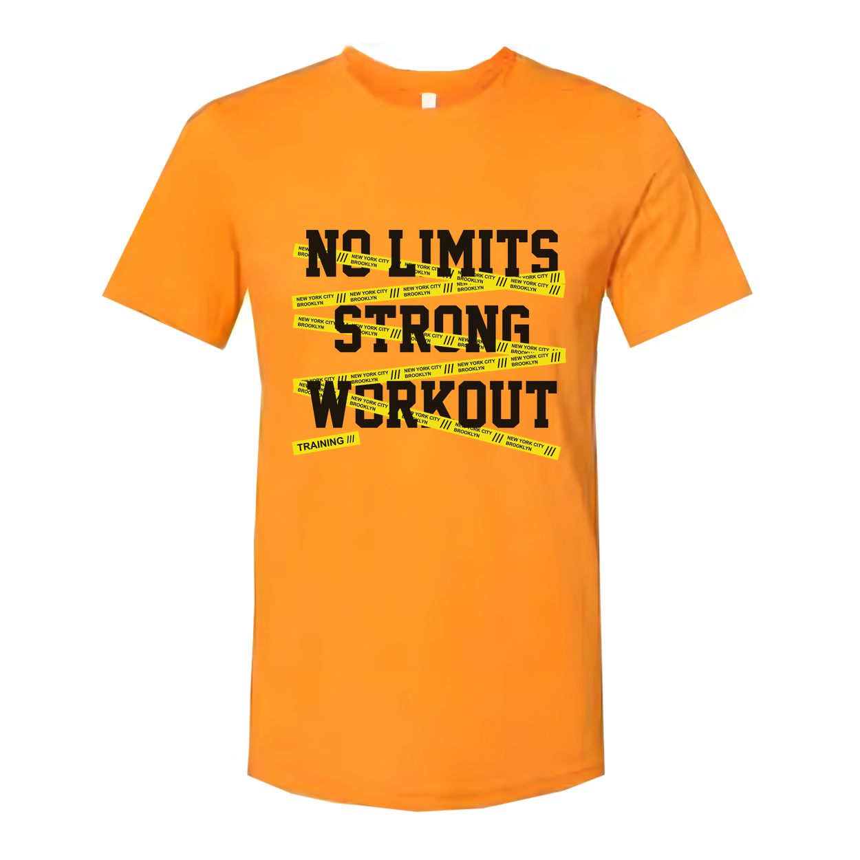 No Limits Strong Workout Unisex T Shirt With Yellow Caution Tape Graphic For Training