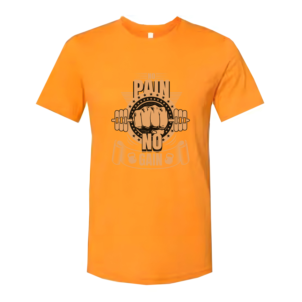 No Pain No Gain Unisex Graphic T Shirt With Fist Lifting Barbell Design In Orange Color