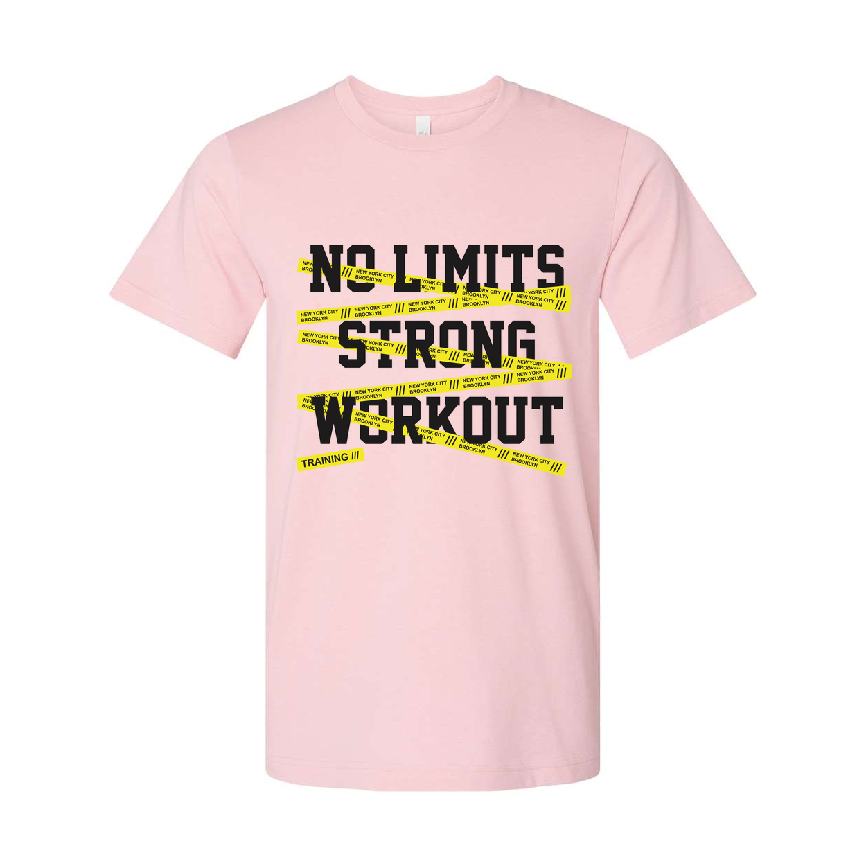 No Limits Strong Workout Unisex T Shirt With Yellow Caution Tape Graphic For Training