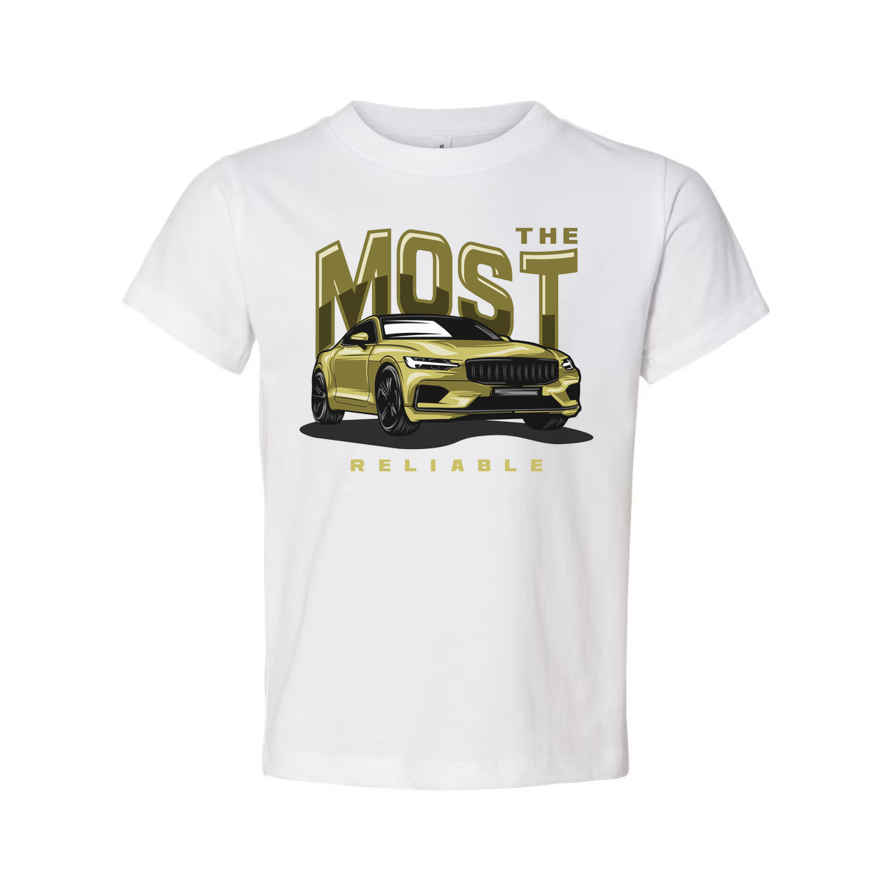 Most Reliable Car Graphic T Shirt Unisex White Tee With Yellow Sedan Illustration