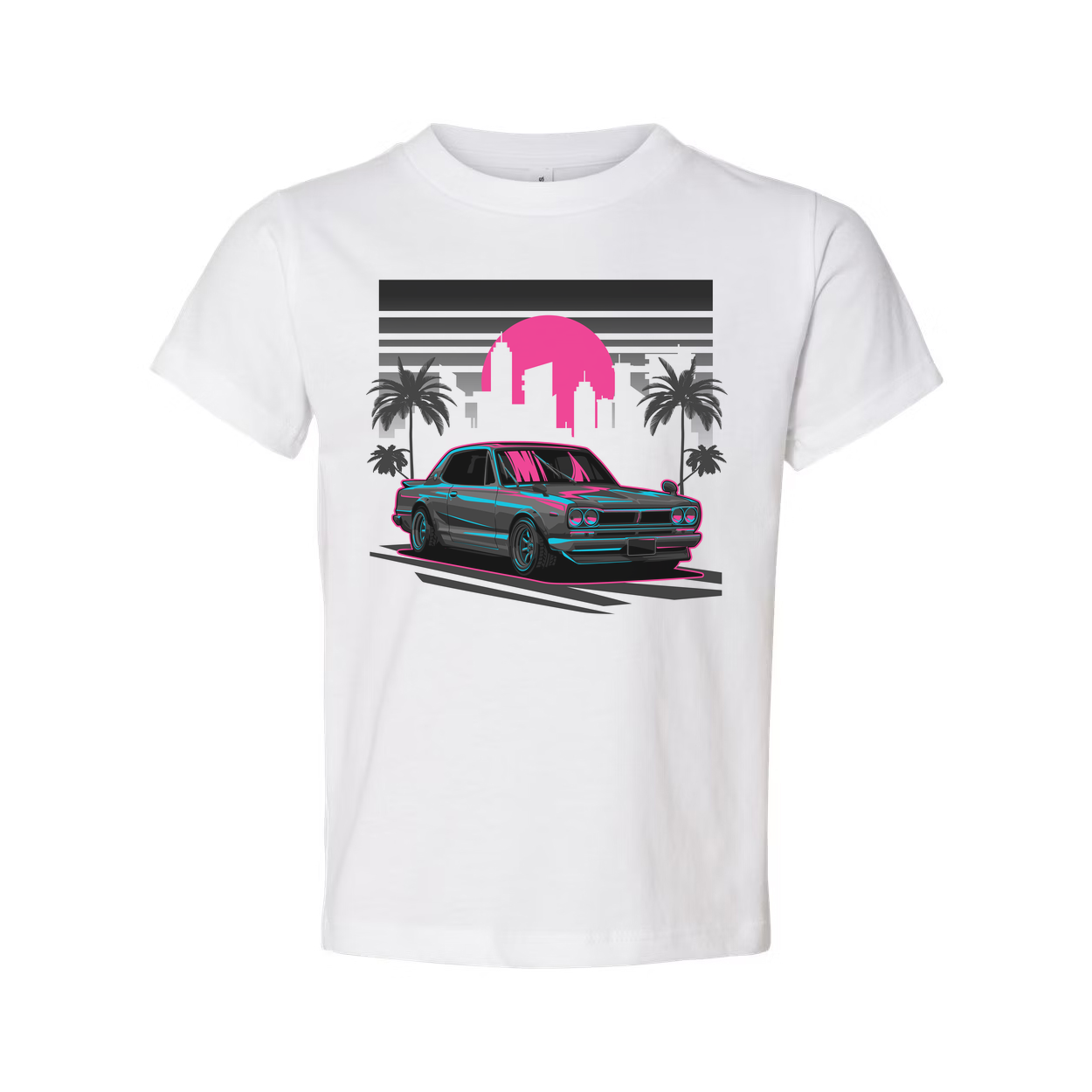 Nissan Skyline Neon Sunset Graphic Unisex T Shirt With Palm Trees And City Skyline