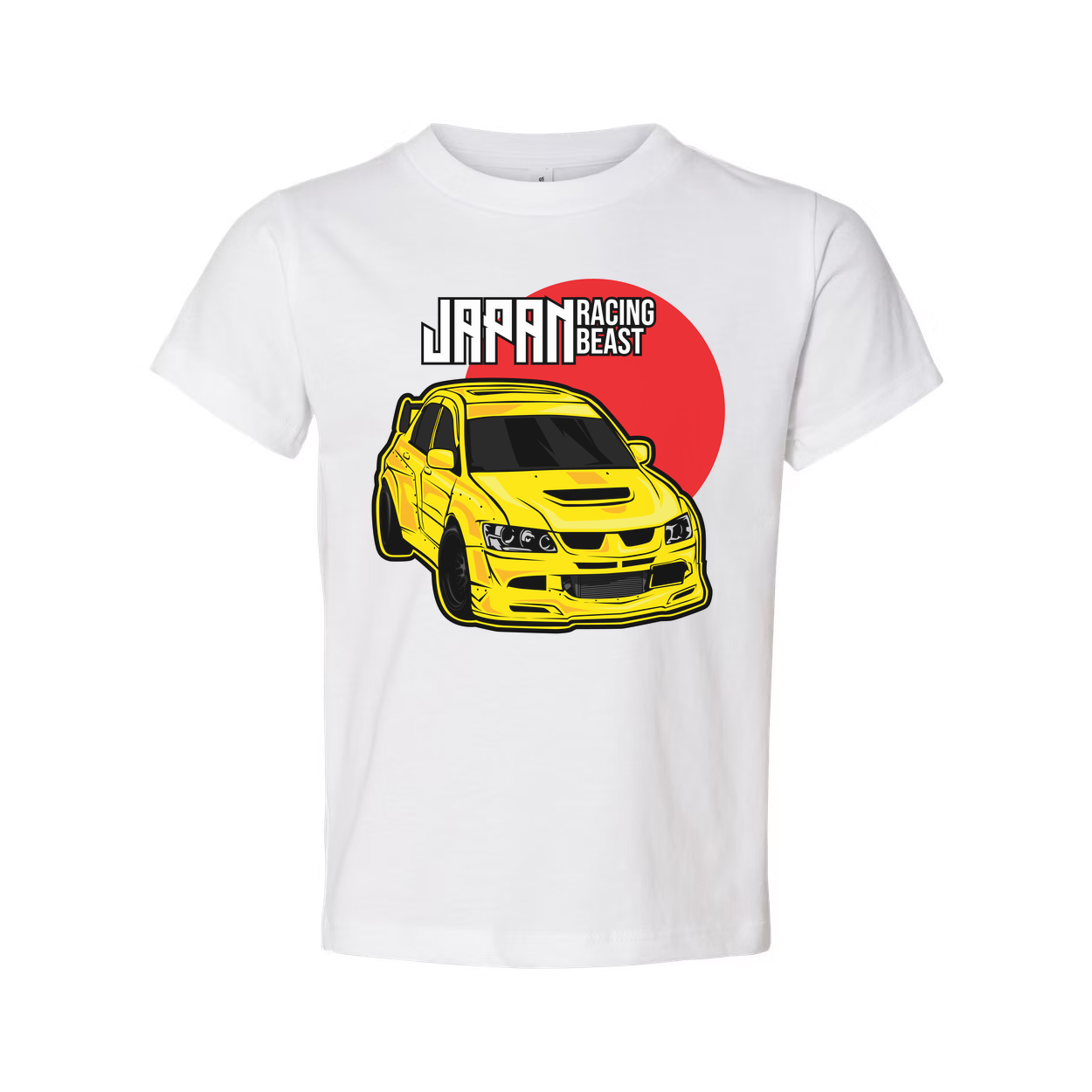 Mitsubishi Lancer Evolution IX Unisex T Shirt With Yellow Racing Car Graphic And Japan Racing Beast Logo