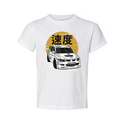 Mitsubishi Lancer Evolution IX White Unisex T Shirt Featuring Speed Kanji Car Graphic
