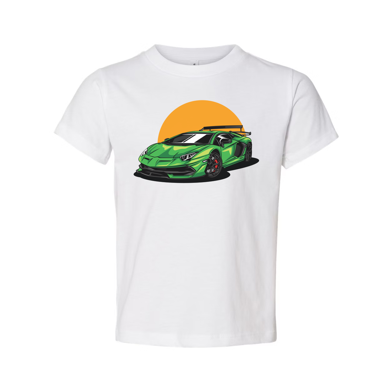 Green Sports Car Graphic Tee With Orange Sunset Backdrop For Unisex Adults Casual Wear