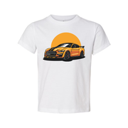 Unisex Ford Mustang Graphic T Shirt Featuring Orange Car And Sunset Design For Car Enthusiasts