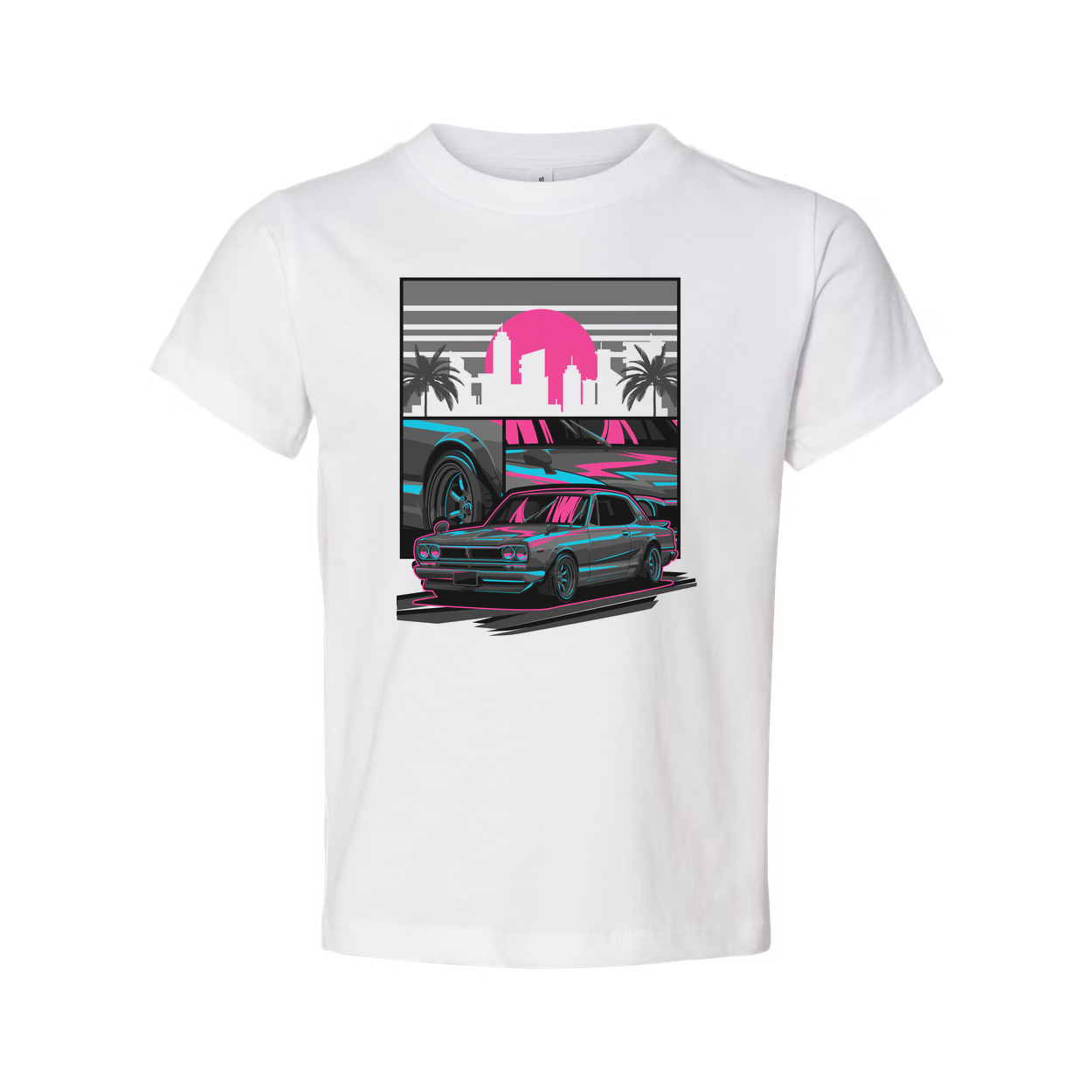 Datsun 240Z Neon Car Graphic T Shirt With Sunset Skyline And Palm Trees Unisex Casual Wear