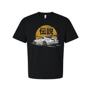 Toyota Supra MK4 Unisex Graphic T Shirt Featuring A White Car Illustration Against A Golden Sun Emblem