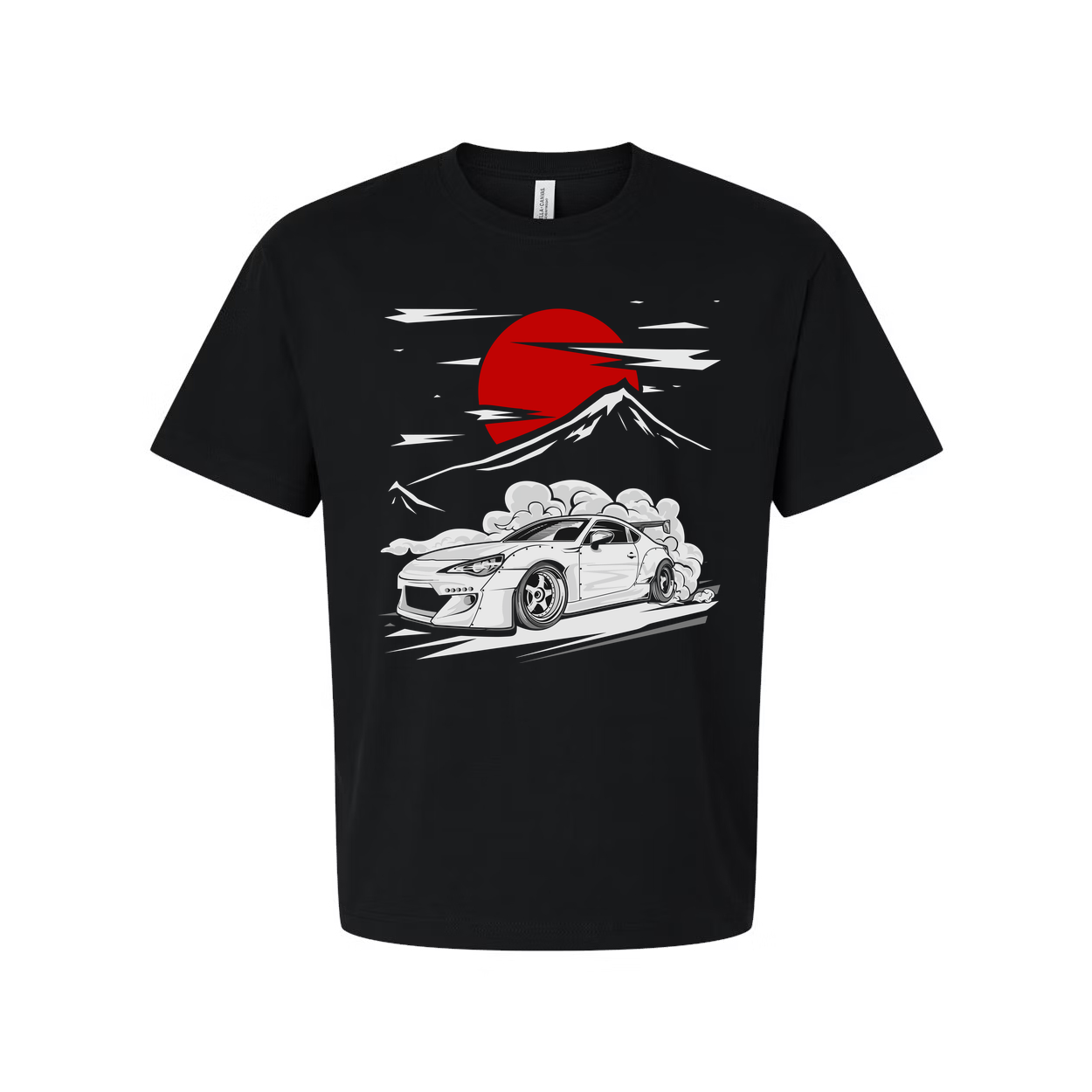 Toyota GR86 Unisex T Shirt With Drift Car Graphic Under Red Sun And Mountain Scene