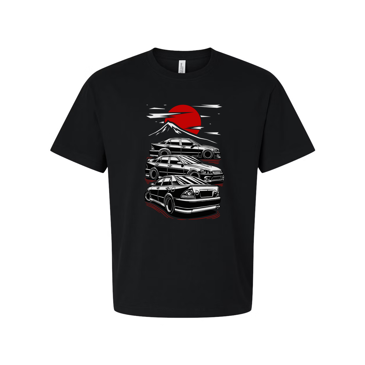 Toyota Chaser Unisex Graphic T Shirt Featuring Stacked Cars Sunset And Mount Fuji Style Illustration