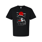 Nissan Skyline GTR R34 Unisex Graphic T Shirt With Japanese Sun And Mountain Illustration