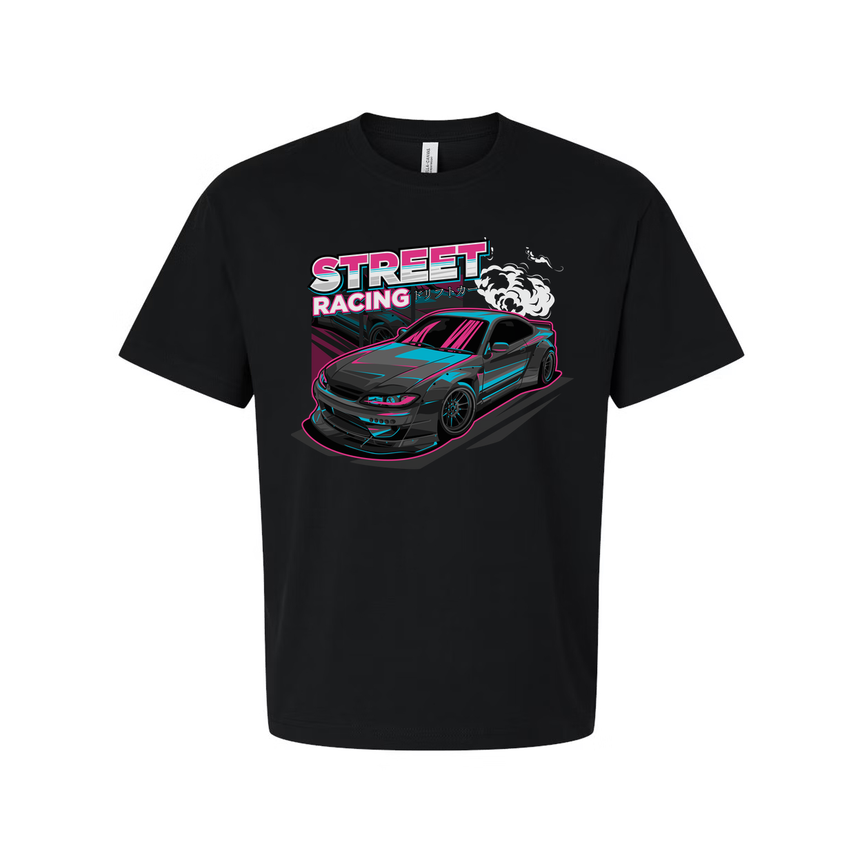 Nissan S15 Silvia Street Racing Graphic T Shirt With Neon Pink And Cyan Car Artwork For Unisex Wear
