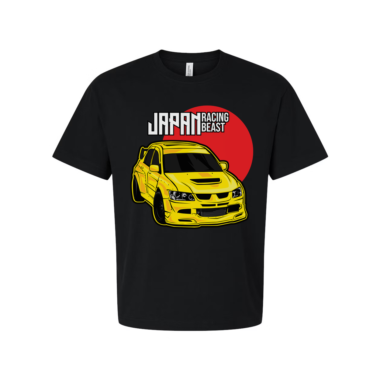 Mitsubishi Lancer Evolution IX Unisex T Shirt With Yellow Racing Car Graphic And Japan Racing Beast Logo