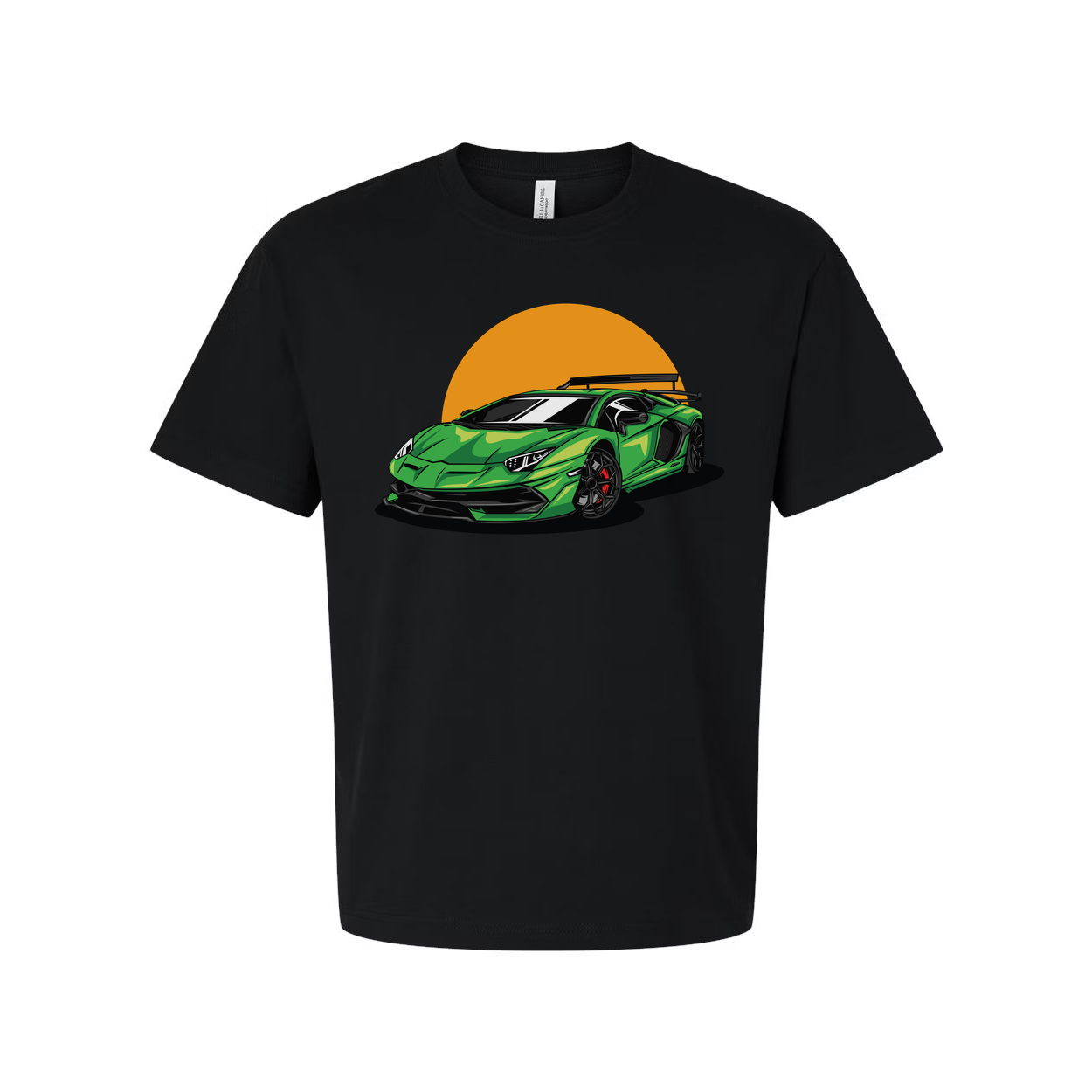 Green Sports Car Graphic Tee With Orange Sunset Backdrop For Unisex Adults Casual Wear