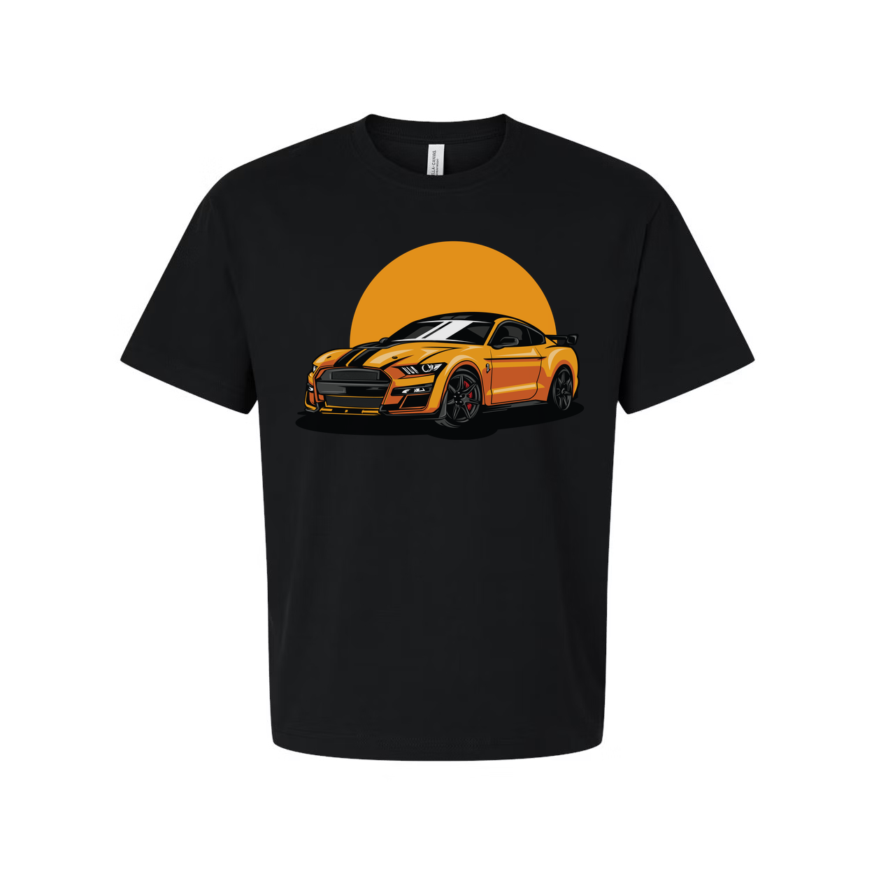 Unisex Ford Mustang Graphic T Shirt Featuring Orange Car And Sunset Design For Car Enthusiasts