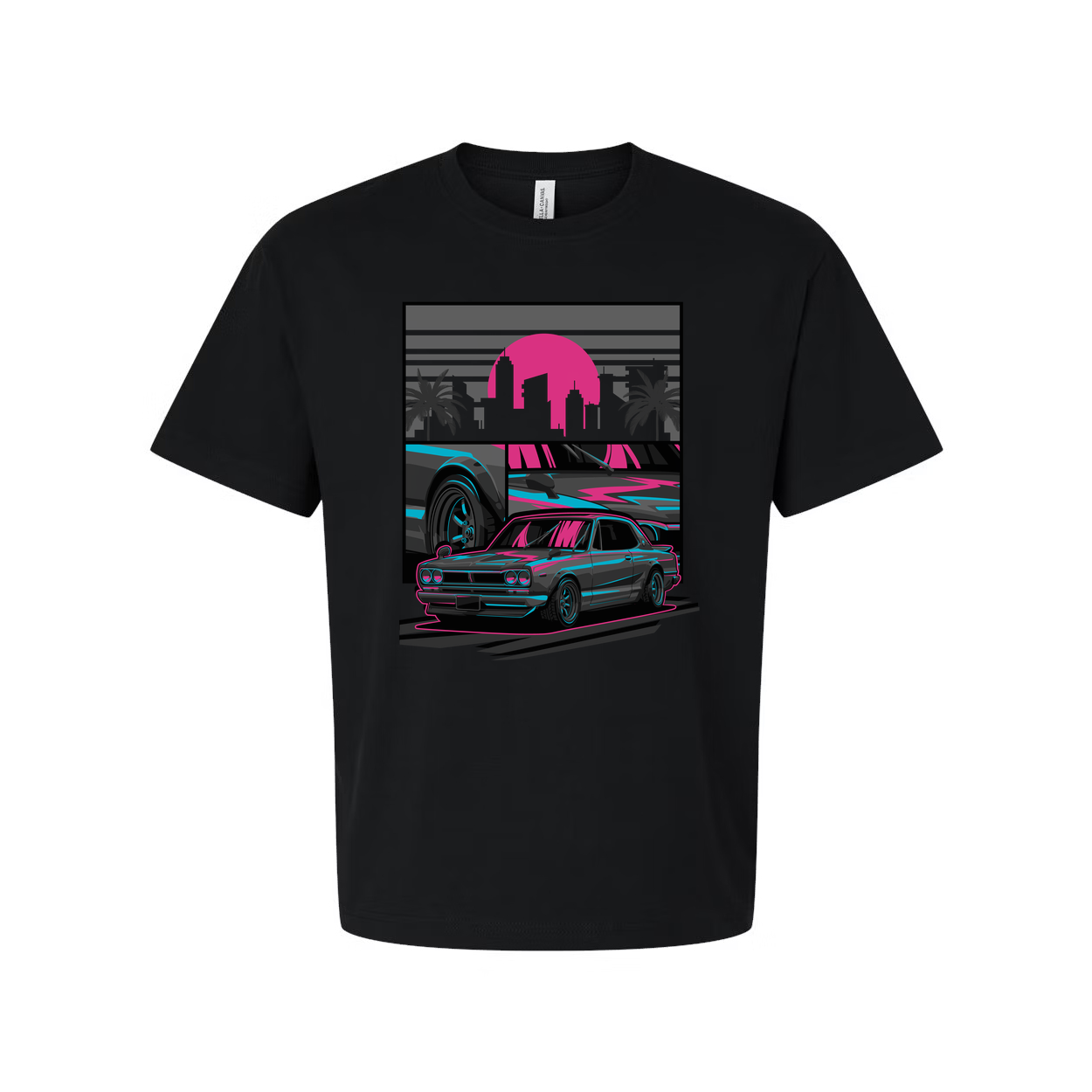 Datsun 240Z Neon Car Graphic T Shirt With Sunset Skyline And Palm Trees Unisex Casual Wear