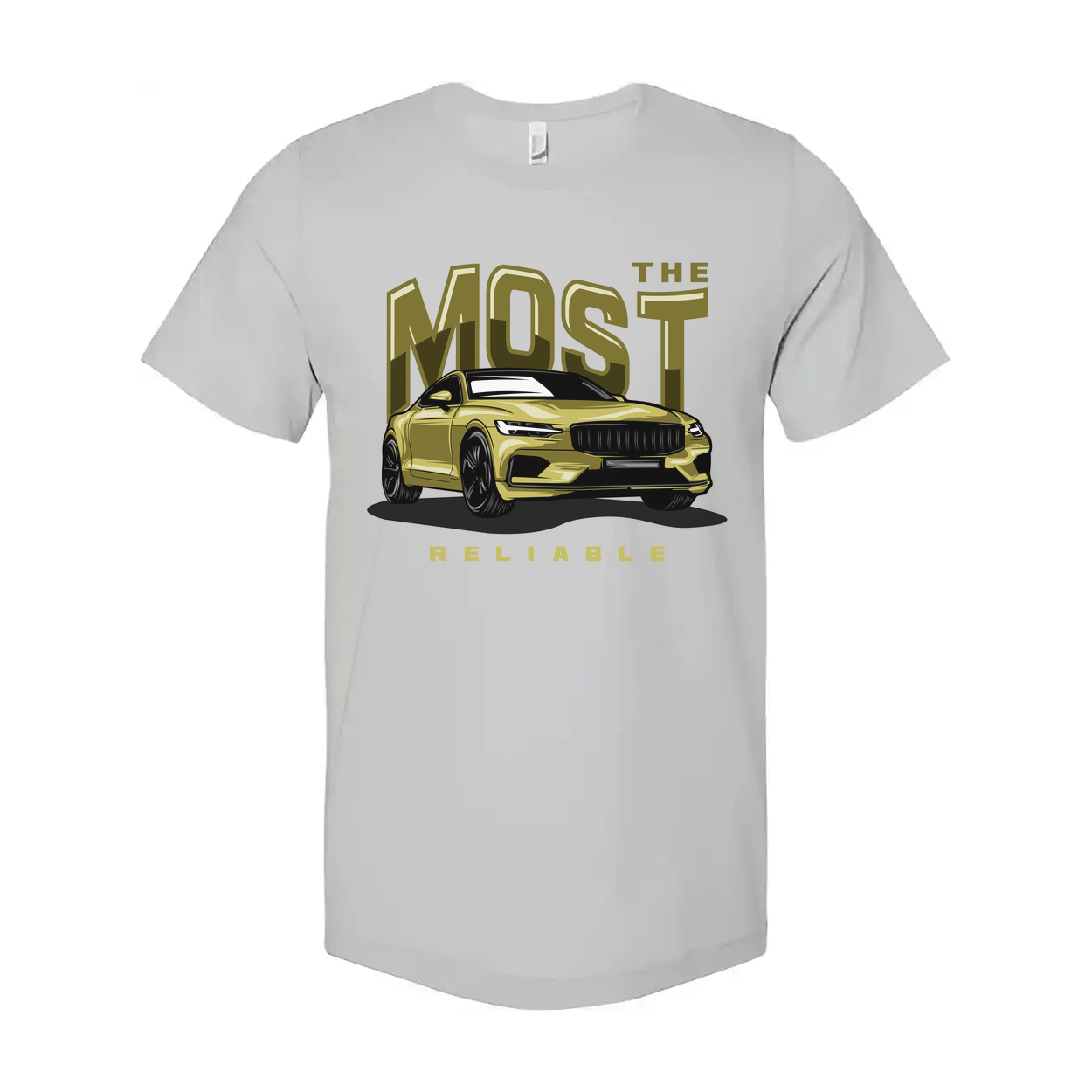 Most Reliable Car Graphic T Shirt Unisex White Tee With Yellow Sedan Illustration