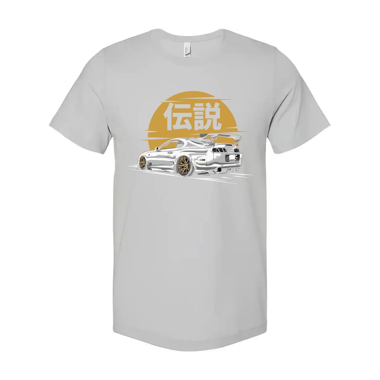 Toyota Supra MK4 Unisex Graphic T Shirt Featuring A White Car Illustration Against A Golden Sun Emblem