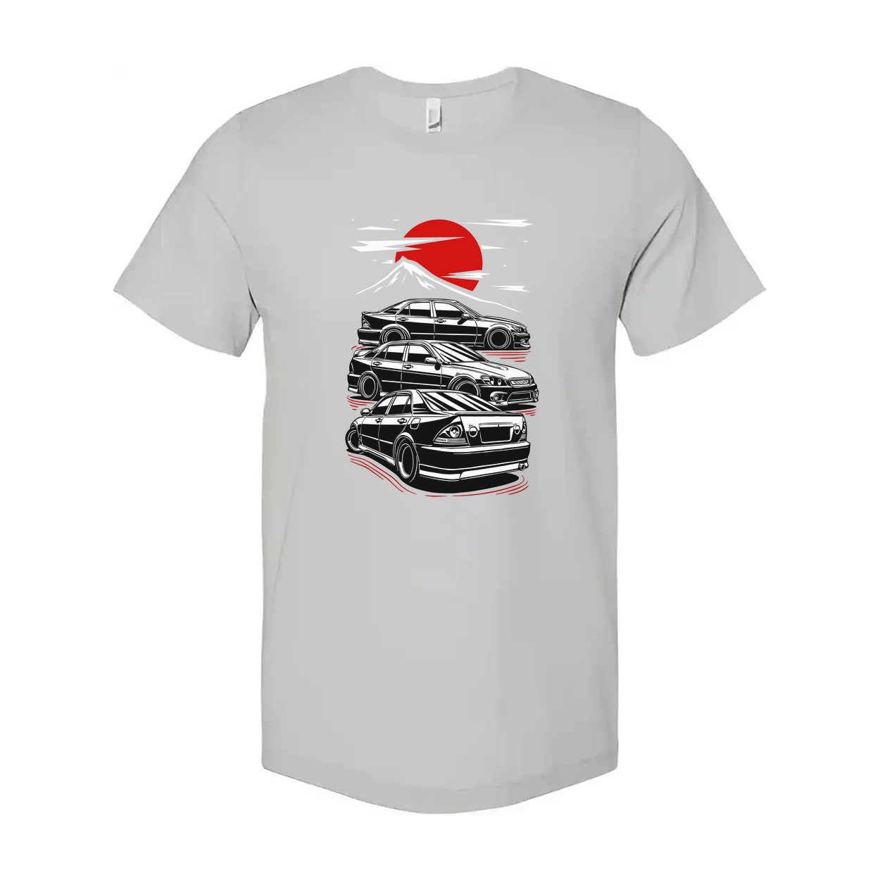 Toyota Chaser Unisex Graphic T Shirt Featuring Stacked Cars Sunset And Mount Fuji Style Illustration