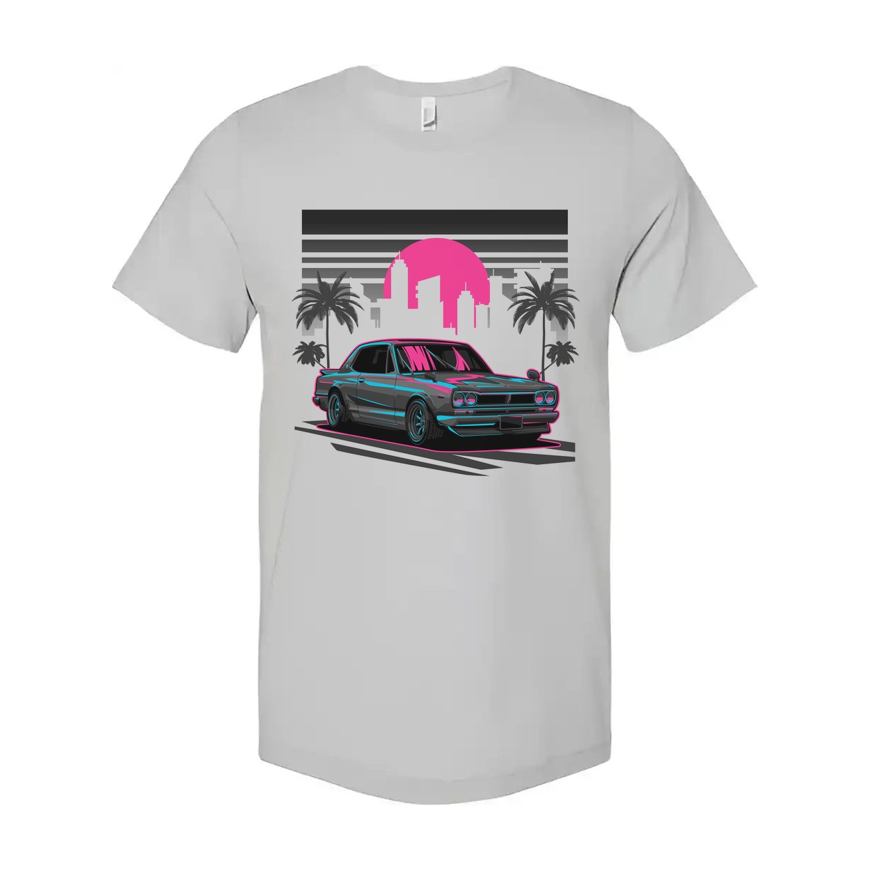 Nissan Skyline Neon Sunset Graphic Unisex T Shirt With Palm Trees And City Skyline