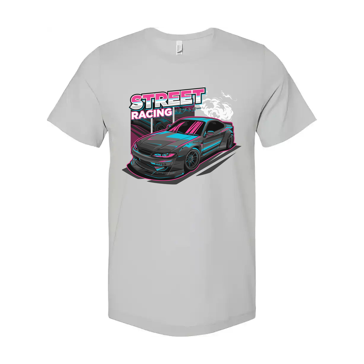 Nissan S15 Silvia Street Racing Graphic T Shirt With Neon Pink And Cyan Car Artwork For Unisex Wear