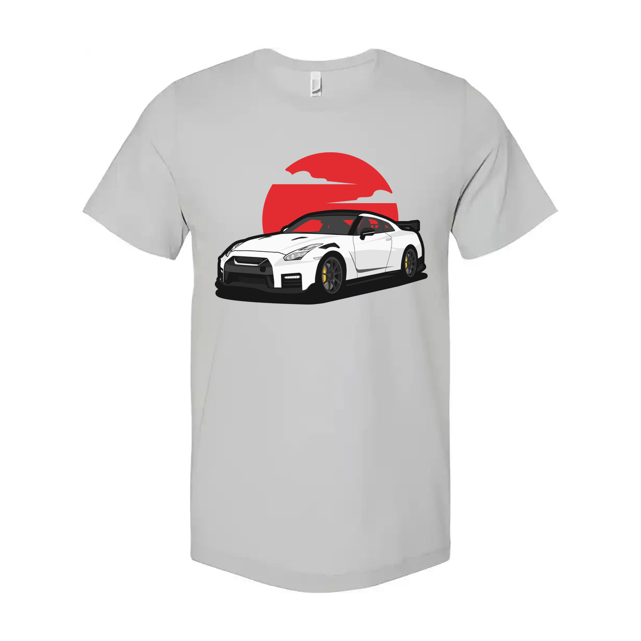 Unisex T Shirt With White Nissan GTR R35 Car Graphic And Red Sunset Backdrop Design