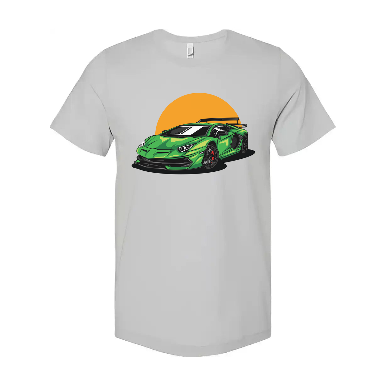 Green Sports Car Graphic Tee With Orange Sunset Backdrop For Unisex Adults Casual Wear